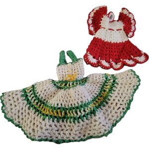 2 Cotton Crocheted Potholder Trivet Dishsoap Bottle Dresses Pink White Green Vtg